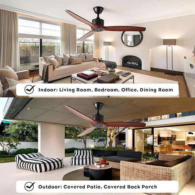 52 inch 3 blade Wood ceiling fan without light, Noiseless Reversible DC Motor Walnut Ceiling Fan Without Light for Farmhouse Patio Living Room Bedroom, Indoor Outdoor Ceiling Fan with Remote