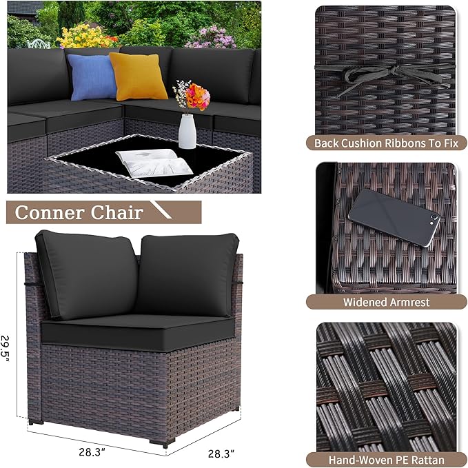 Kurapika 13 Pieces Patio Furniture Set, Rattan Wicker Outdoor Conversation Sets w/43in Propane Fire Pit Table(Black)