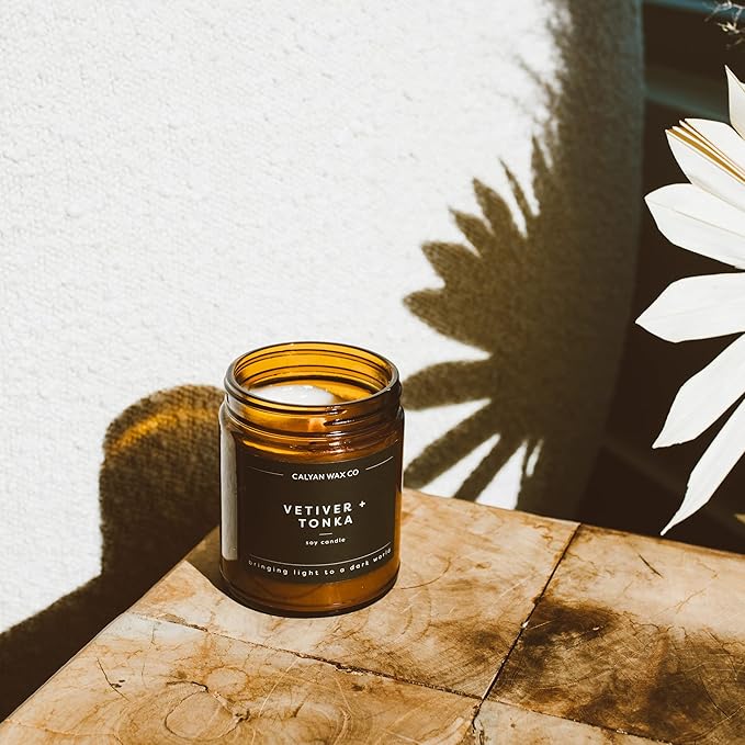 Calyan Wax Co. Oakmoss & Amber Scented Candle - 57 Hour Burn - Luxury Non Toxic Soy Wax Candles - Long Lasting Amber Glass Jar Candle for Home - 7.2oz