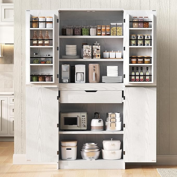 Merax 72" Tall Farmhouse Kitchen Pantry Cabinet with 8 Door Shelves, Curved Design Storage Cabinet with 3 Adjustable Shelves, Hidden Drawer, Versatile Cupboard for Kitchen, Dining & Bathroom, White