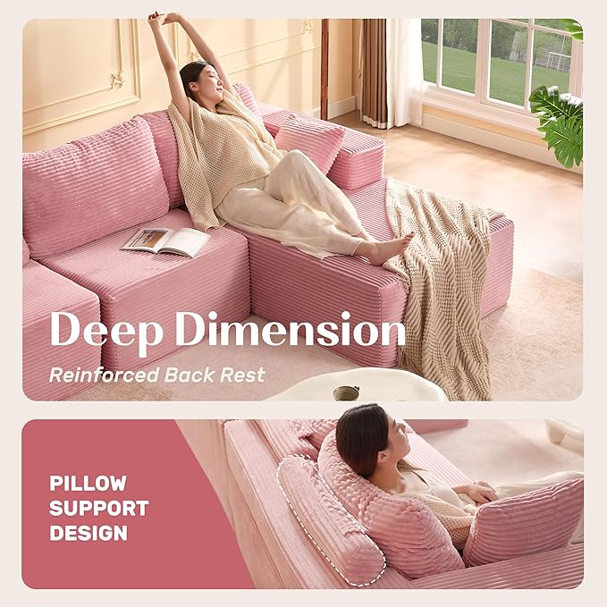 138" Boneless Couch with Deep Seat, Modular Sectional Sofa, Cloud Sectional Couch for Living Room, No Assembly Required, Corduroy, U-Shape 4 Seater Right, Pink