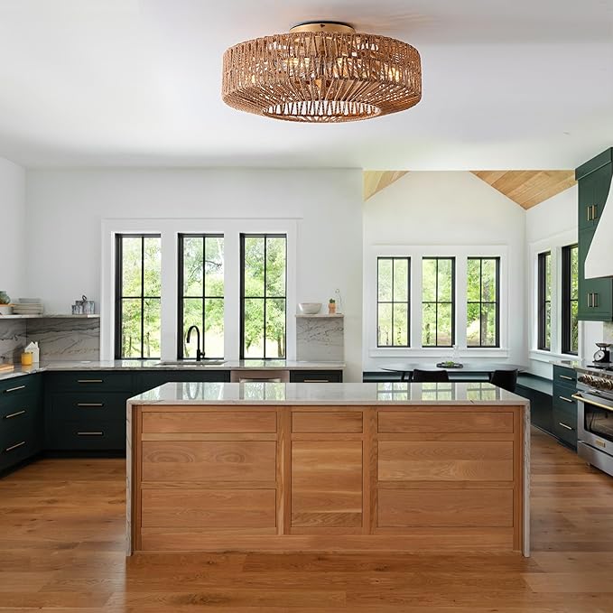 20" Boho Caged Fandelier with Lights Flush Mount Rattan Ceiling Fan with Lights and Remote Control, Enclosed 6 Speeds Low Profile Fan Light for Bedroom, Living Room, Kitchen