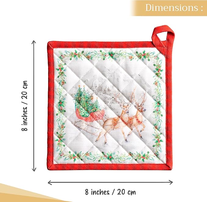 Maison d' Hermine Pot Holders 100% Cotton Heat Resistant Potholders 8" x 8" Hot Pads with Loop for Thanksgiving Christmas Decorations BBQ Cooking Handling Hot Pans (Pack of 1, Christmas Tradition)