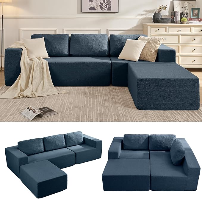 Loveseat Sofa, Cloud Modular Sofa Couch, Upholstered Floor Sofa with Deep Seat, Upholstered Foam Couch for Bedroom Living Room, No Assembly Required (Teddy Boucle, Blue)
