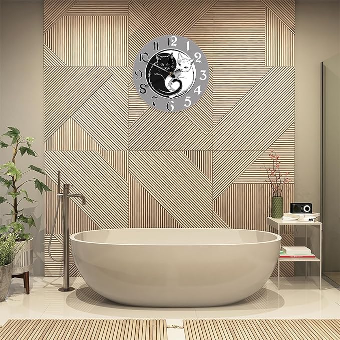 Ying Yang Tai Chi Cat Wall Clock Battery Operated 10 in Round Wall Clocks Slilent Non Ticking Quartz Analog Clock for Bedroom Kids Living Room Classroom Decor