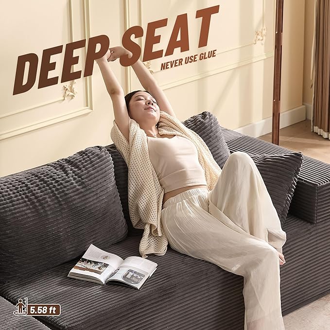 138" Modular Sofa Memory Foam Sectional Couches for Living Room, Sleeper Sofa Bed, Corduroy, Grey