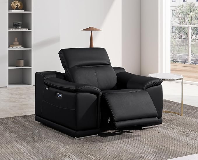 Blackjack Furniture Venice Top Grain Italian Leather Power Recliner Chair with Adjustable Headrest Modern Luxury Seating for Living Room Lounge, Black