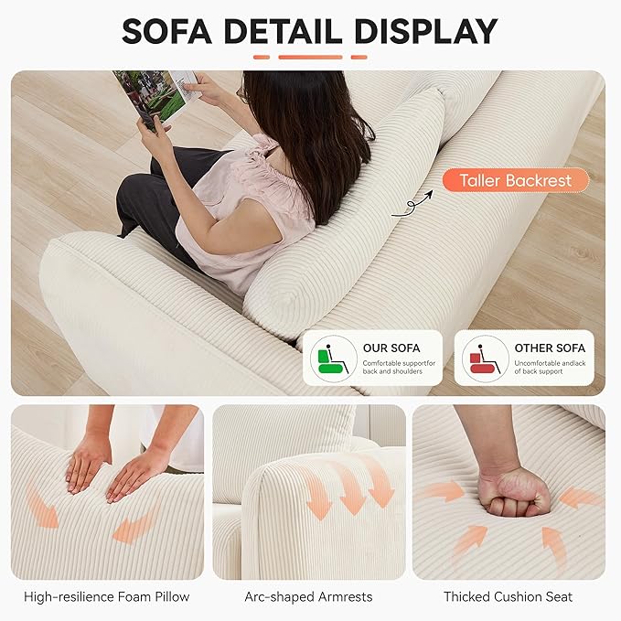 103'' Boneless Corduroy L Shaped Couch, 3 Seat Modular Sectional Deep Seat Sofa with Chaise Lounge, No Assembly Cloud Lounge Sleeper Sofa, White