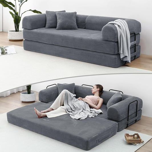Compression Sofa - 79'' Convertible Sofa Bed, Boneless Couch in a Box, Modular Corduroy Foldable Sleeper Sofa with 2 Pillows, Loveseat Couches for Living Room (Corduroy Fabric, Dark Grey)