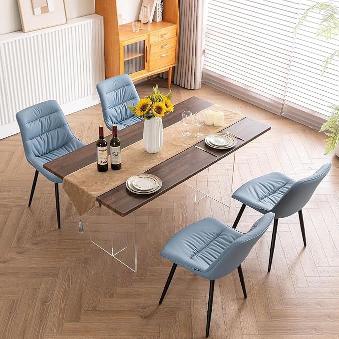 Kidol & Shellder Dining Chairs Set of 2, Modern Upholstered Faux Leather Kitchen Side Chairs with Comfortable Back - Mid-Century Armless Chair for Dining Living Room Bedrooms, with Metal Legs (Blue)