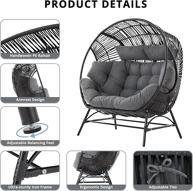 IRONCK 2 Person Egg Chair Outdoor Indoor, Oversized Double Wicker Lounge Chair, Thickened Padded Cushions and Headrests, 680Lbs Egg Loveseat for Patio, Balcony, Living Room, Porch, Gray