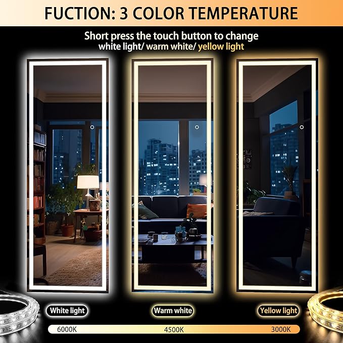 Hasipu Full Length Mirror with Lights, 67" x 24" LED Lighted Floor Standing, Full Body Dressing Hanging Mounted Mirror, Dimmable, Tempered Glass, Safe to Use, Square Black