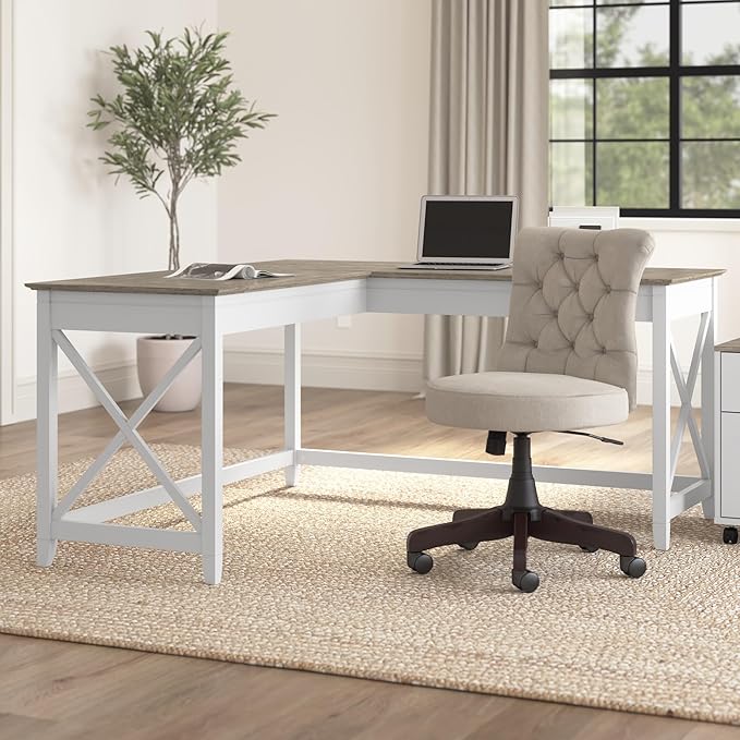Bush Furniture Key West Modern Farmhouse L-Shaped Desk L Desk for Home Office in Pure White and Shiplap Gray 60W Corner Desk