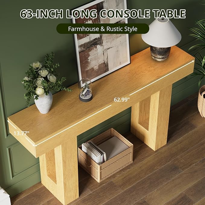 FURSUN 63-Inch Long Console Table with Storage, Wooden Narrow Sofa Table Behind Couch, Farmhouse Foyer Hallway Table for Living Room, Entrance (Natural Oak)