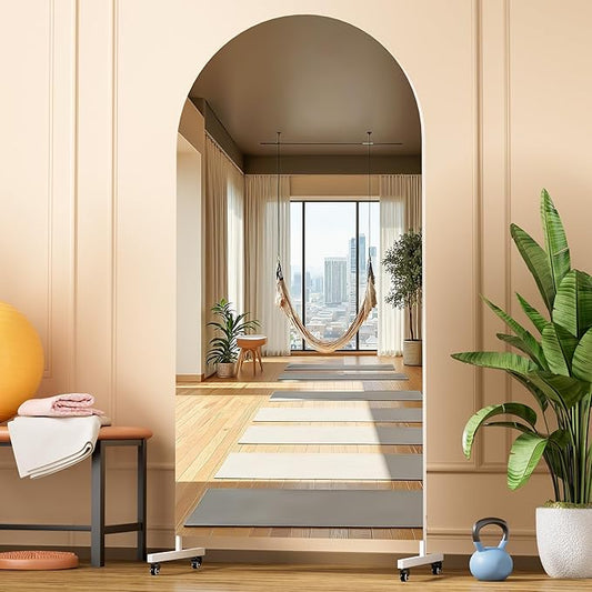 Hasipu 71" x 32" Arched Rolling Home Gym Mirror with Wheels, 360° Swivel Body Mirror with HD Tempered Glass, Large Floor Mirror for Yoga Room, Dance Studio, Bedroom & Home Gym
