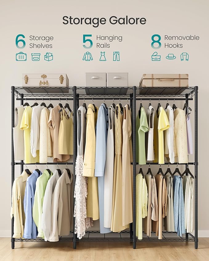 SONGMICS Clothing Rack, Heavy-Duty Garment Rack with Adjustable Storage Shelves and Hanging Rails, Hooks, Freestanding Portable Wardrobe Closet Rack, Ink Black ULGR436B01