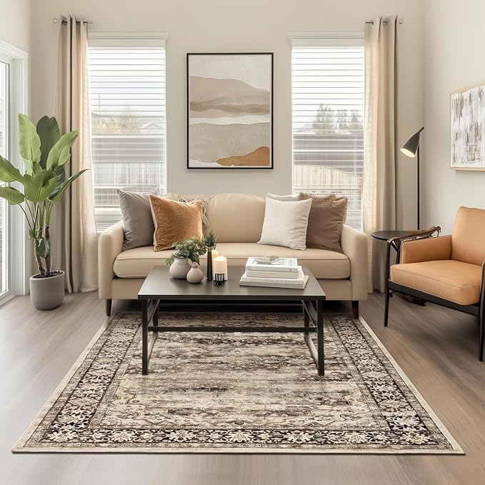 4x6 Area Rugs for Living Room Machine Washable Vintage Floral Boho Rugs Non Slip Stain Resistant Low Pile Soft Faux Fur Carpet Rug for Bedroom Patio Dining Room Home Office Kids Room,Hazel Brown