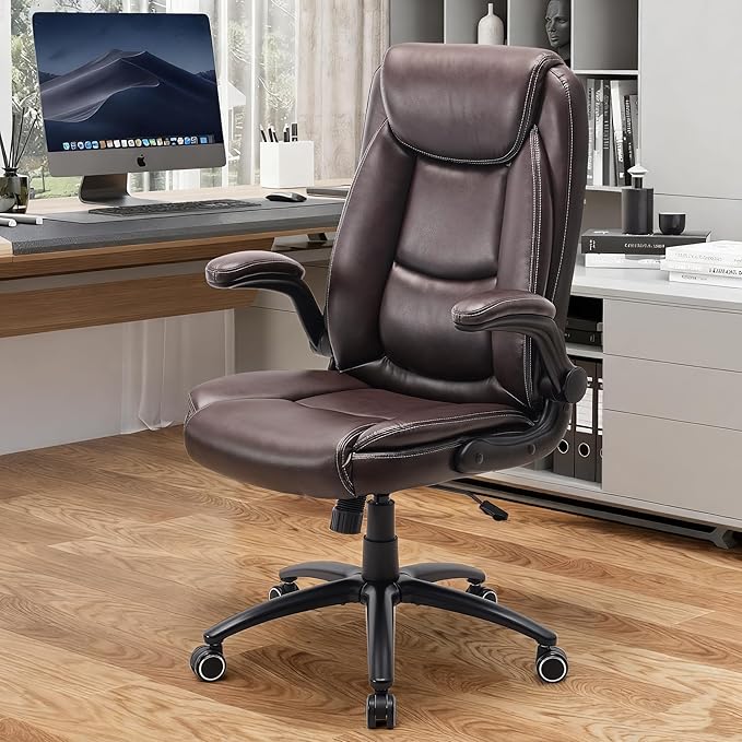 Ergonomic PU Leather Office Chair with Flip-Up Armrests, Reclining Backrest, Adjustable Height & Tilt Tension, Thick Padded Seat, Breathable Leather, 300LBS Capacity Executive Desk Chair,Brown