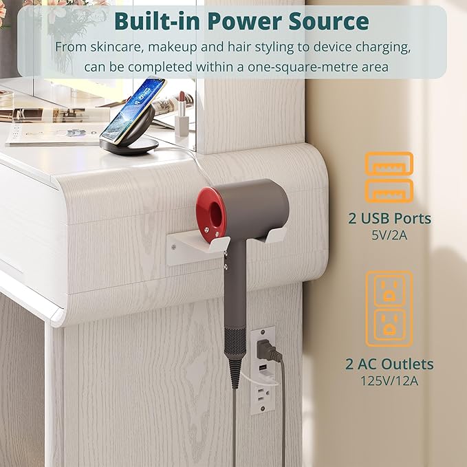 IRONCK Vanity Makeup Desk with 3-Sided Foldable LED Mirror, Create Your Glam Space with 9 Secret Storage Shelves, Built-in Charging, White Elegant Curved Dressing Table