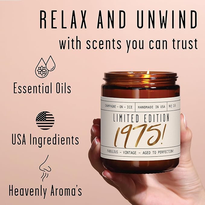 50th Birthday Gifts for Her, 50th Birthday Gifts for Women - 'Limited Edition 1975' Soy Candle, w/Champagne on Ice I 50 Year Old Gift for Women I 9oz Reusable Jar, 50Hr Burn, Made in USA