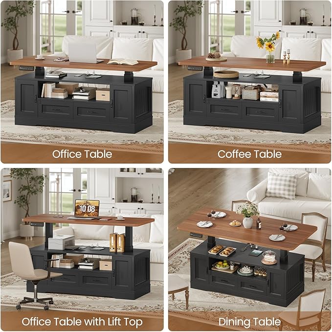 SEDETA 47.2" Electric Standing Coffee Table with Storage, Farmhouse Lift Top Coffee Table with Drawers and Open Shelves, Height Adjustable Tables with Power Outlet, for Living Room, Black