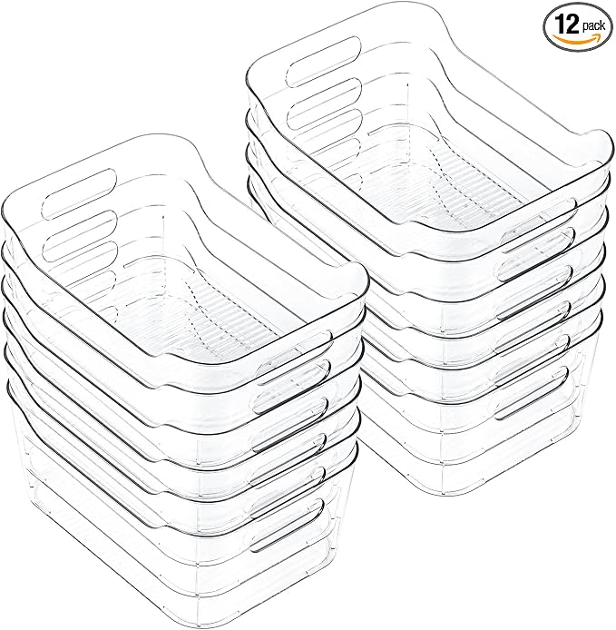 12 Pack Clear Plastic Storage Bins, Acrylic Organizer and Containers with Handle for Pantry, Cabinet, Closet, Refrigerator, Freezer, Bathroom, Kitchen Under Sink Storage