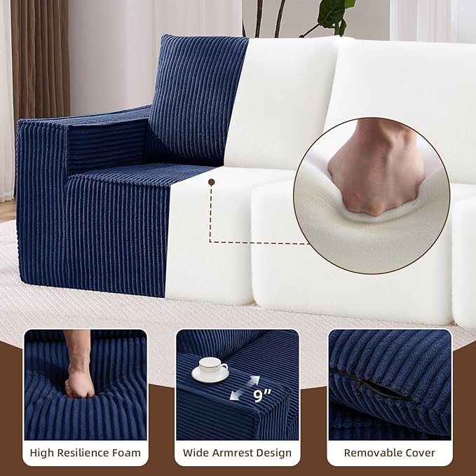 102” Boneless Modular Couch, 3 Seater Cloud Sofa for Living Room, Modern Sectional Sofa with Deep Seat, Comfy Fluffy Loveseat Couch, No Assembly Required,Blue