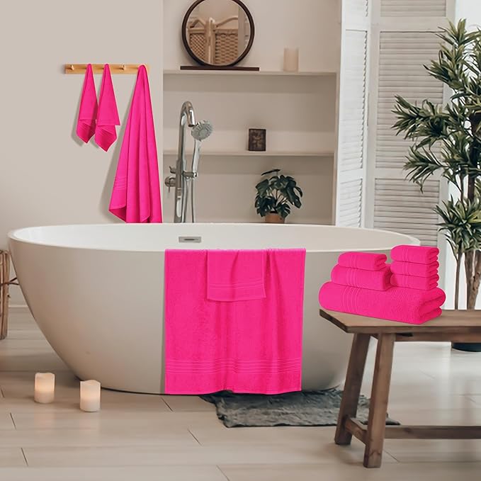 BOUTIQUO 100% Cotton Towel Set, Contains 4 Soft Bath Towel, 6 Hand Towels, 8 Wash Cloths - Compact Absorbent Lightweight & Quickdry Towels for Bathroom - 18 Piece Bathroom Towel Set - Hot Pink
