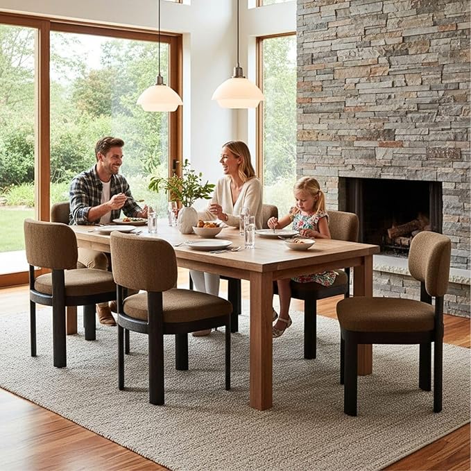 Modern Brown Upholstered Dining Chairs Set of 2 Wooden Side Chairs with Curved Backrest and Black Legs for Kitchen Island, Dining Room