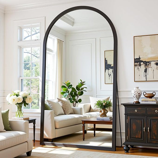 Full Length Mirror 82"×44" Floor Mirror Standing Tall Mirror, Arched Stand up Large Wall Mirrors, Freestanding Full Body Mirrors for Bedroom Living Room Wood Antique Style Black