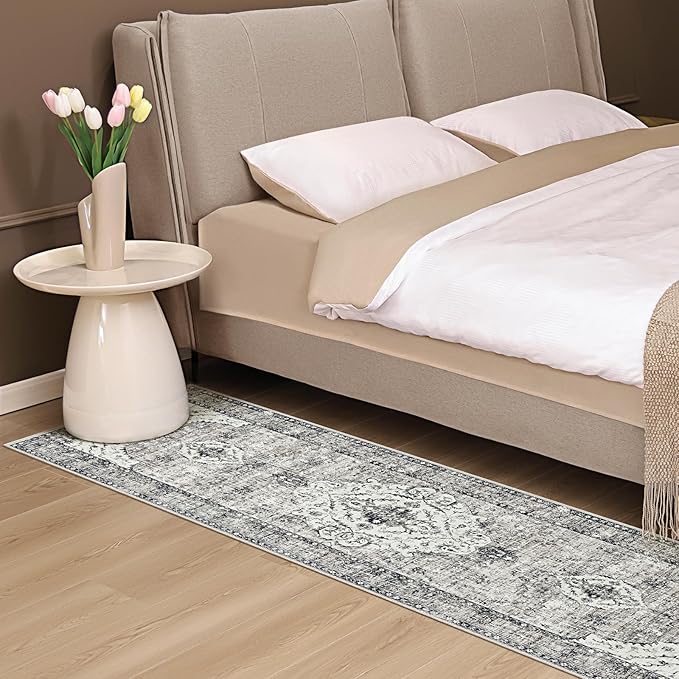 Runner Rugs for Hallway 2x6 Ft Non-Slip Fall Runner Rugs with Rubber Backing Washable Rug Runner for Kitchen Bedroom Vintage Distressed Carpet (Border Grey)