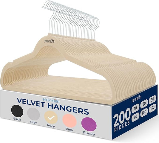 SereneLife 200 Pack Velvet Hangers - Non-Slip Felt Hangers with 360° Swivel Hook, Space-Saving, Ultra-Thin, Lightweight for Shirts, Sweaters, Hoodies, Kids Clothes & Dresses