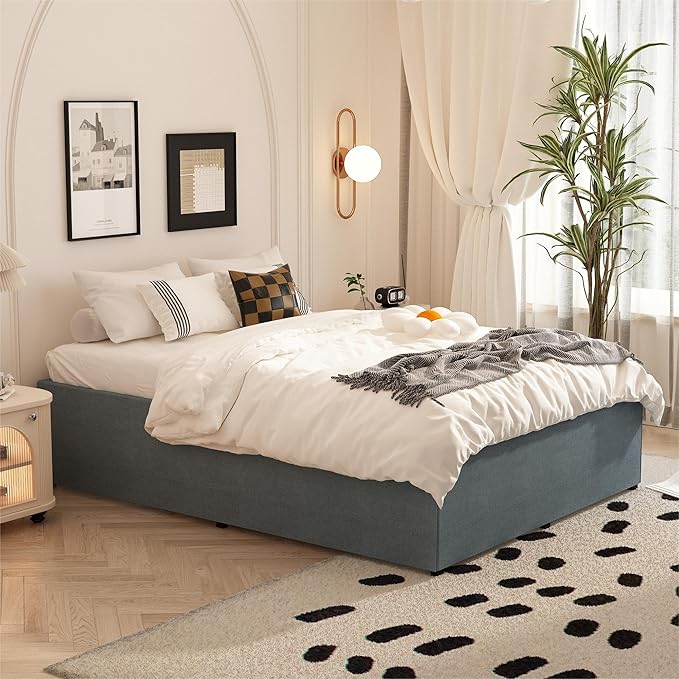 Queen Bed Frame with Fabric Cover 18 Inch, Heavy Duty Metal Bed Frame Queen Size, No Box Spring Needed, Support Up to 3000 lbs, Easy Assembly, Noise Free, Black