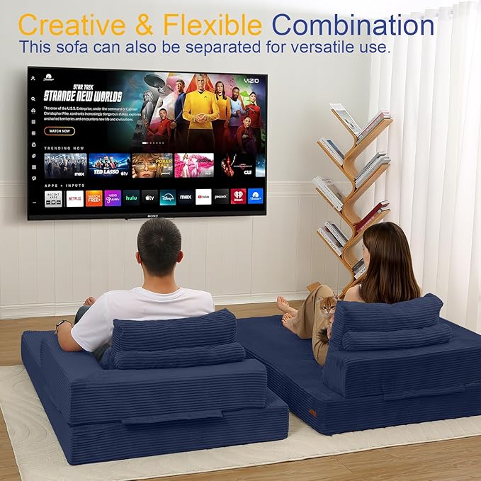 COMAX Convertible Sofa Bed, Folding Floor Couch Corduroy Fold Out Couch Bed Futon Sleeper Mattress with Pillows, Boneless Sofa Comfy Lounge Loveseat for Living Room Bedroom, Navy
