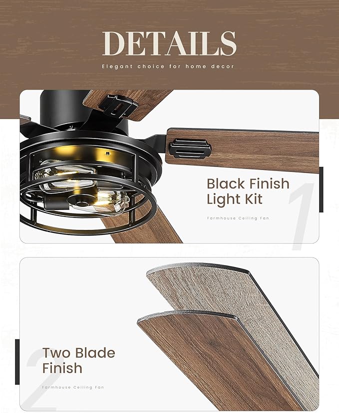 TENGXIN 52 Inch Farmhouse Ceiling Fan - Industrial Ceiling Fans with Light and Remote Control,Matte Black Ceiling Fan with 5 Reversible Blades,TXCF-BK001