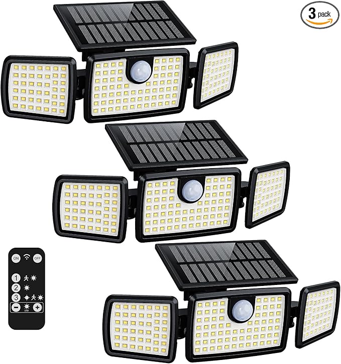 Solar Lights Outdoor, 3 Head Solar Motion Lights Outdoor with 2500LM High Brightness, Built-in Bigger Tempered Glass Solar Panel, Sensitive PIR Motion Inductor(3-Pack)