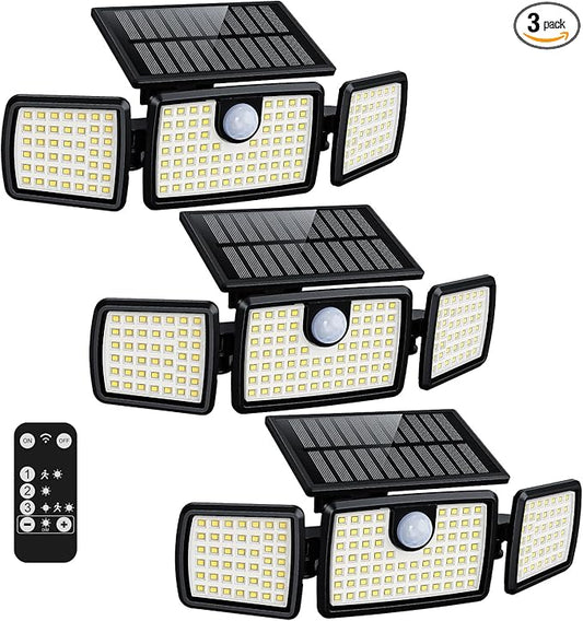 Solar Lights Outdoor, 3 Head Solar Motion Lights Outdoor with 2500LM High Brightness, Built-in Bigger Tempered Glass Solar Panel, Sensitive PIR Motion Inductor(3-Pack)