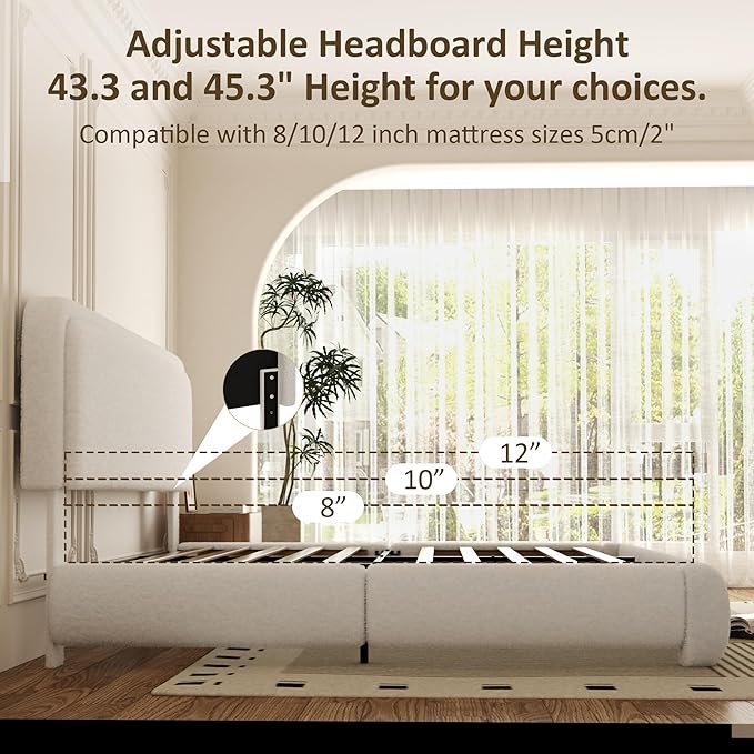 King Bed Frame, Teddy Velvet Boucle Bed Frame with 43.3"/45.3" Adjustable Upholstered Headboard, Rounded Corners, Mattress Foundation, No Box Spring Required, White
