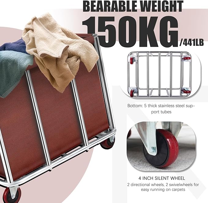 Commercial Laundry Cart on Wheels, 11.35 Bushels Large Roller with Removable Waterproof Canvas Lined Basket, Heavy Duty Stainless Steel for Hotels and Hospitals