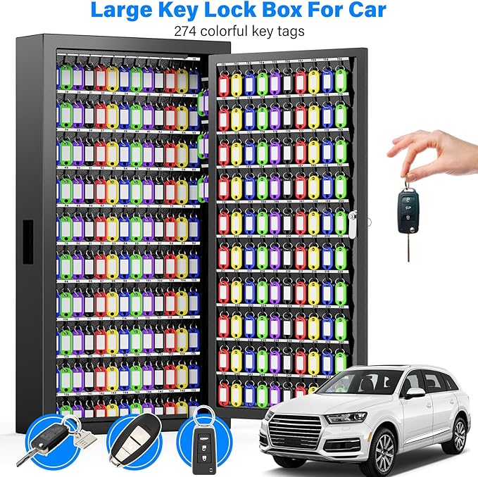 250 Keys Key Lock Box Wall Mount with Additional 24 Side Hooks and Key Tags, Anti-Theft Key Box Key Cabinet with Side Drop Slot, Key Organizer Key Safe for Home Office Garage Rental Business