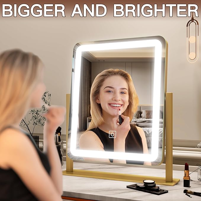 FENNIO Vanity Mirror with Lights - 15"x12.6" LED Lighted Makeup Mirror, Large Makeup Mirror with Lights, Touch Screen with 3-Color Lighting, Dimmable, for Vanity Desk Tabletop, Bedroom Gold