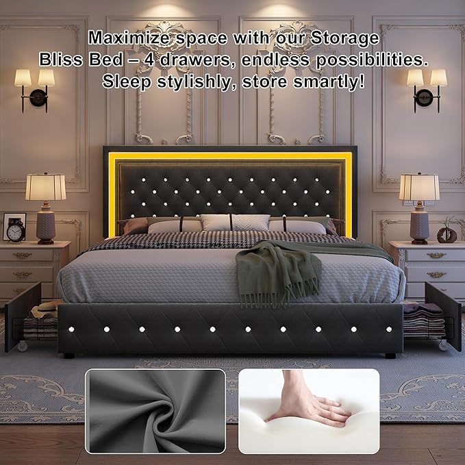 Full Bed Frame with LED Lights, Storage Drawers, No Box Spring Needed, 900 lbs Capacity, Easy Assembly, Velvet Grey