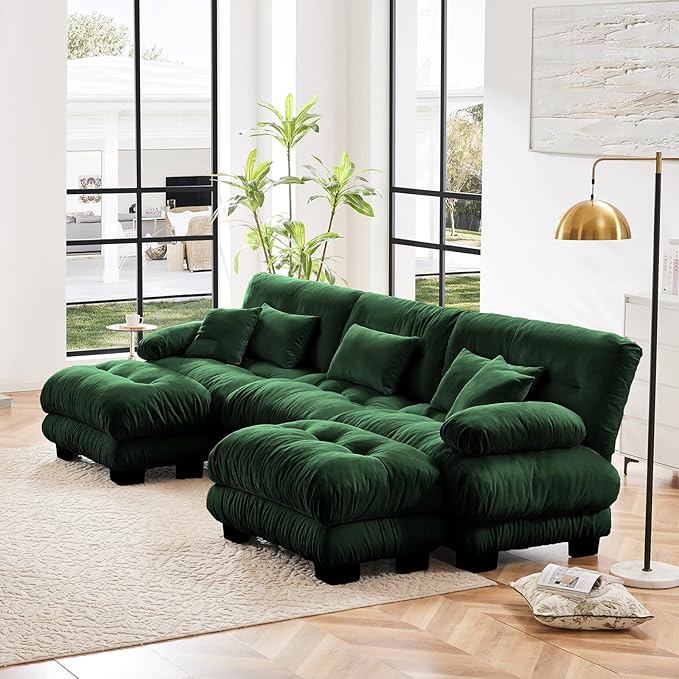 133.8" Oversized Couch, 3 Seater Modular Sectional Sofa, Green Large U Shaped Sectional Couches for Living Room, Fluffy Chenille Fabric Cloud Couch with 2 Ottomans, Deep Seat Sofas