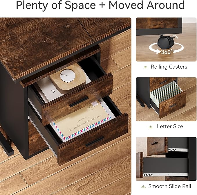 LITTLE TREE 83 Inch L-Shaped Office Desk with Drawers, Large Executive Office Desk with Storage, Wooden Computer Desk with File Cabinet, Modern Work Desk for Home Office, Brown