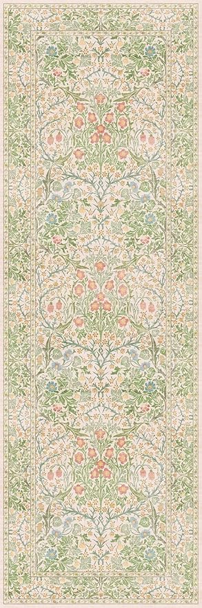 Non Slip Beige Green Bathroom Runner Rug - Long Runner Rugs 24 x 72 Washable Kitchen Floor Mat, Laundry Room Rug, Hallway Runner - Vintage Floral Design Décor (2x6 Beige Green)