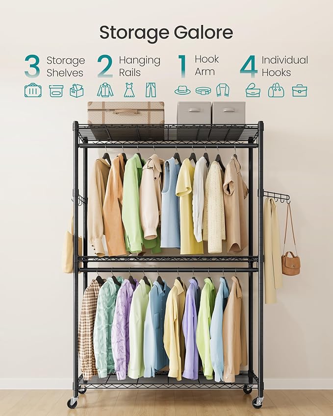 SONGMICS Heavy-Duty Rolling Clothes Rack, Garment Rack, Portable Closet, 43.3-Inch Wide Clothing Rack on Wheels, with Adjustable Mesh Shelves and Hanging Rails, Hooks, Ink Black ULGR414B01