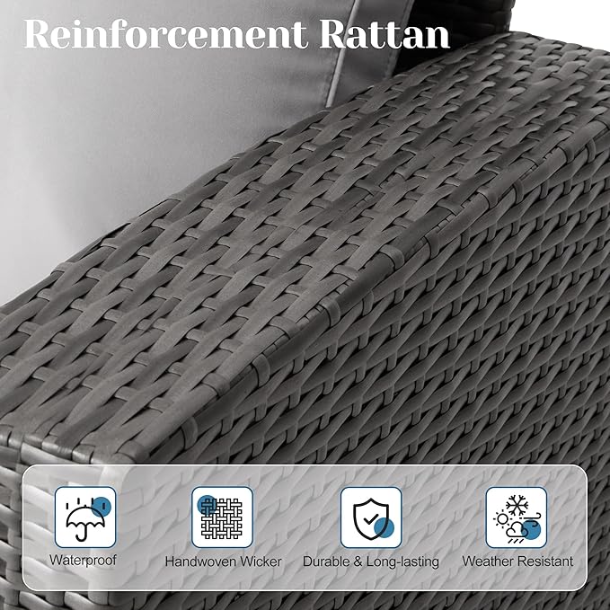 Solaste 4 Piece Outdoor Patio Furniture Set, Outdoor Sectional Sofa with Tempered Glass Coffee Table and Cushions, Wicker Rattan Patio Set for Backyard, Front Porch, Balcony, Gray