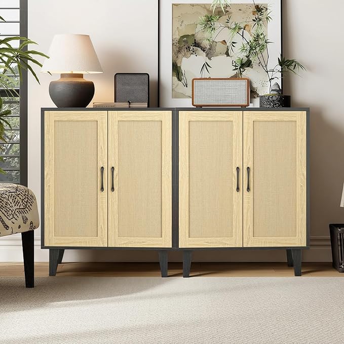 Panana Buffet Cabinet Sideboard with Rattan Decorated Doors Kitchen Storage Cupboard Accent Cabinet (Black)