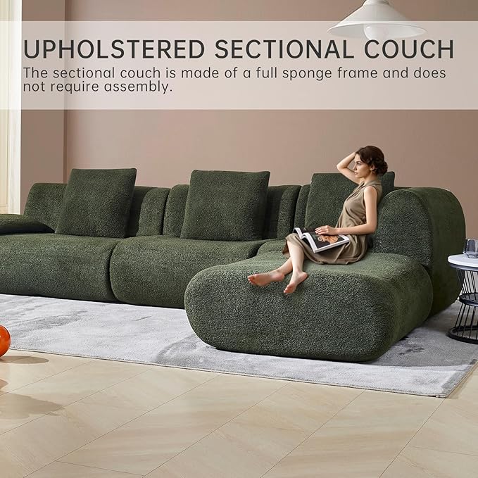 118" Modular Sectional Sofa with Movable Ottoman, 3-Seater Modern Teddy Velvet L-Shaped Couch, Convertible Cloud Sofa for Living Room, Sectional Boneless Couch