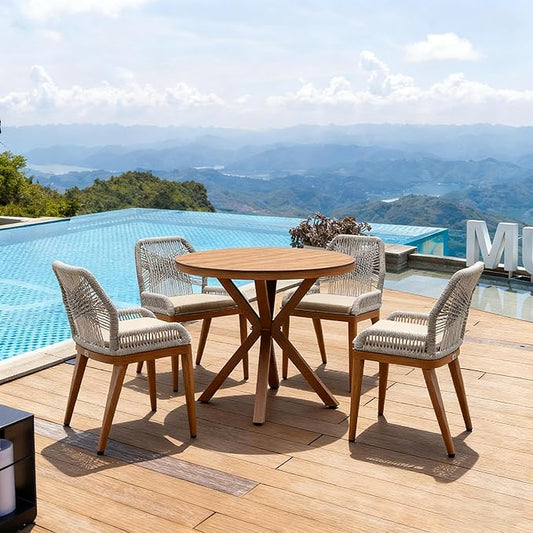 PURPLE LEAF 5 Pieces Round Dining Set Patio Aluminum Modern Round Table and Wicker Chairs with Cushions for Kitchen Porch Garden Outdoor Furniture Sets